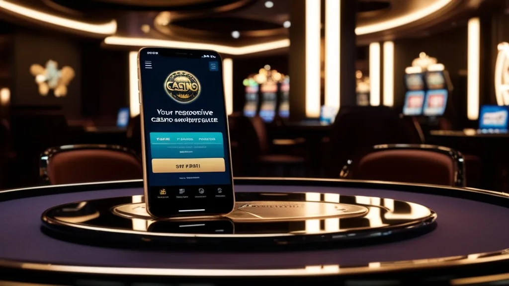iPhone-on megnyitott mobil casino oldal elegáns, sötét környezetben