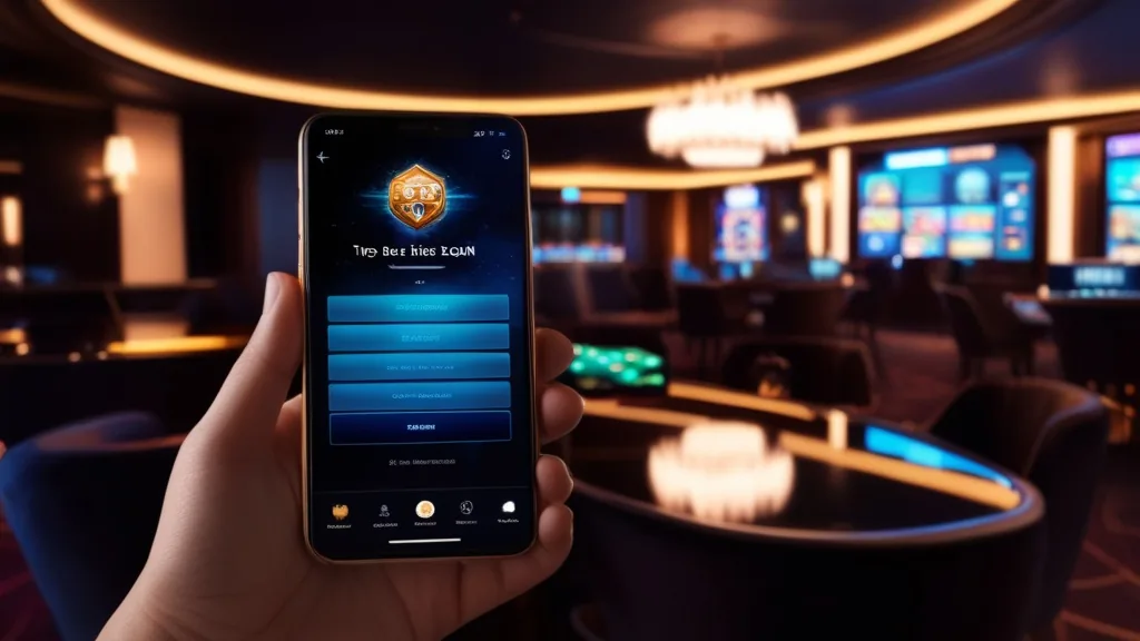 Mobiltelefonon megnyitott casino felület sötét, neonfényes környezetben