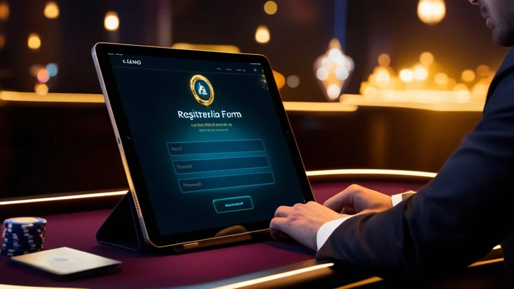 Regisztrációs űrlap mezői kaszinó témájú digitális képernyőn